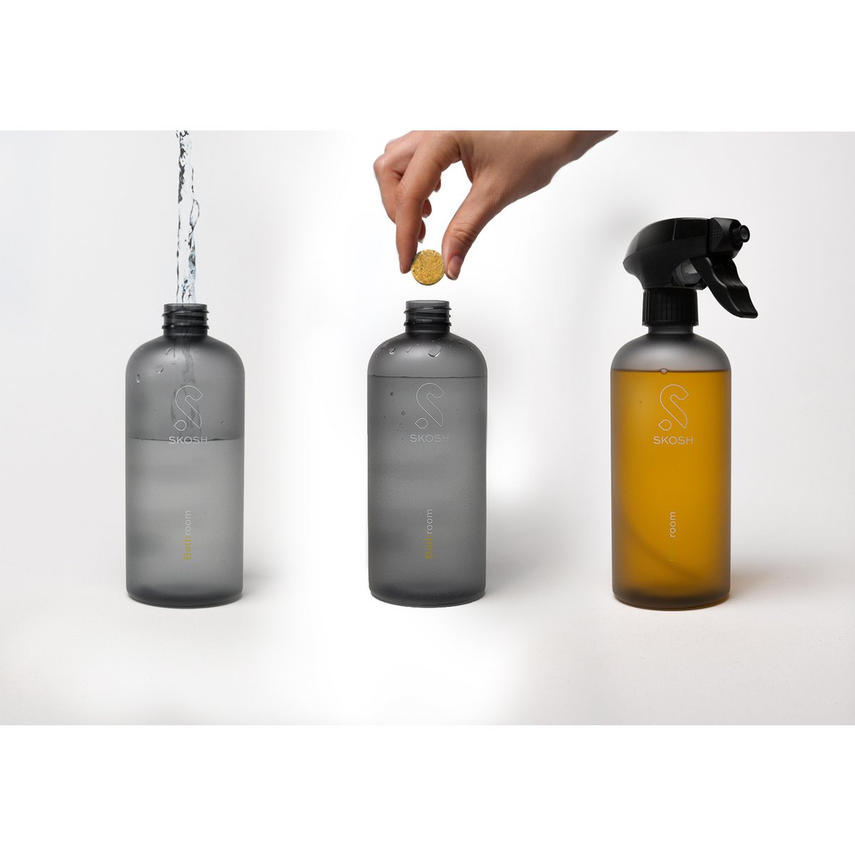 Bathroom Cleaner, bottle and tablet