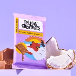 Creamy milkless chocolate bar with a whimsical creature design on the packaging.