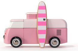  Pink VW beach bus toy with surfboard, retro style, rounded shape, candy mints container.