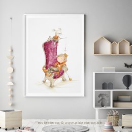 A colorful and whimsical poster featuring a young child sitting on a large chair, surrounded by playful elements like stars and butterflies. The poster has a warm, artistic style that would be suitable for a child's bedroom or nursery.