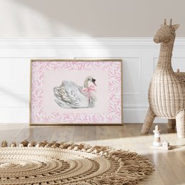 Swan with pink bow poster, vintage swan poster, Pink bow print, girls bow poster, pink toile art, pink girls room poster, girls nursery poster