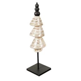 Decorative shell tower statue with black accents, featuring a stacked shell design on a metal stand.
