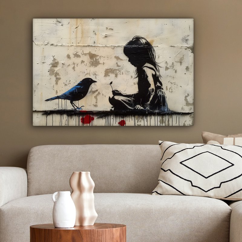 Canvas schilderij - Wanddecoratie Meisje - Street art - Vogel - Abstract - Graffiti - Modern - Muurdecoratie woonkamer - Kamer decoratie modern - Abstracte schilderijen