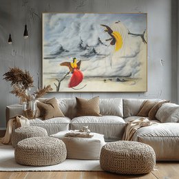 Colorful painting depicting two birds of paradise in a cloudy sky. The painting features vibrant colors and a whimsical, artistic style.