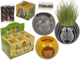  "Safari grass head planter with animal face design, grows green grass hair, decorative ceramic pot"