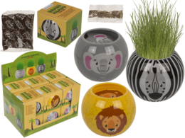 "Safari grass head planter with animal face design, grows green grass hair, decorative ceramic pot"