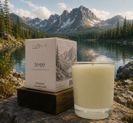 Cream colored scented candle in glass jar with wooden base, mountain lake fragrance, handmade, minimalist design