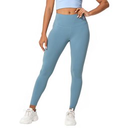 High-waisted, form-fitting blue leggings made of stretchy, breathable fabric for fitness activities.