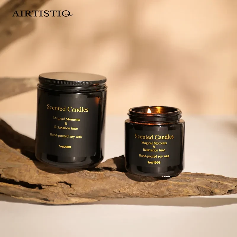 Vela perfumada de cera de soja marrón ámbar de vidrio Vela de aromaterapia hecha a mano con tapas 100 gramos