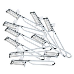 A pack of 10 stainless steel peelers from Westmark. The peelers have a sharp, durable blade and an ergonomic handle for comfortable use.