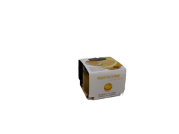Lemon-flavored seasoning in a small white cube-shaped container.
