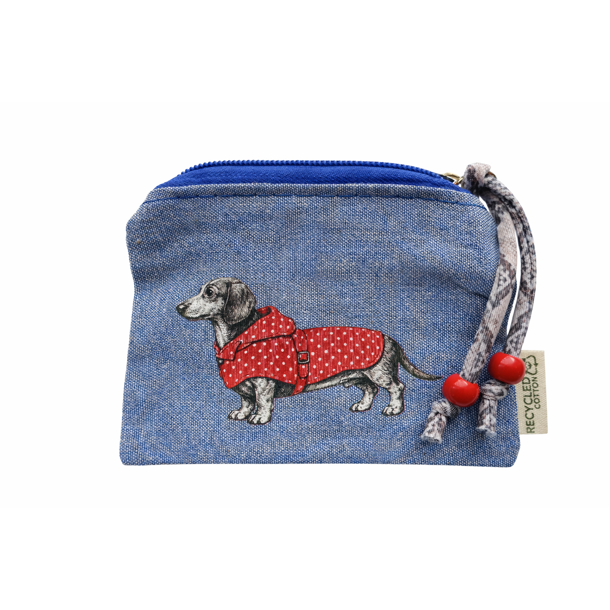 Kleine blaue Tasche aus recycleter Baumwolle mit Dackel