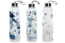 A set of 3 glass travel bottles with a blue and white floral and nautical design. The bottles have a capacity of 550ml and are made of borosilicate glass.