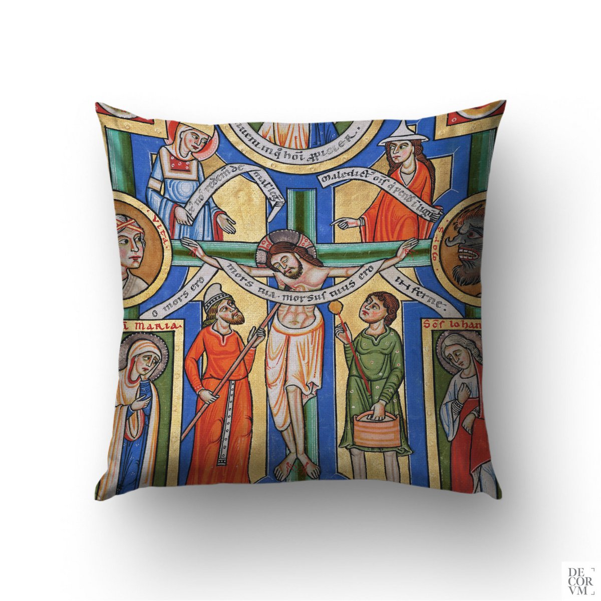 Housse de coussin avec manuscrit enluminé de crucifixion médiévale, art gothique | REL030