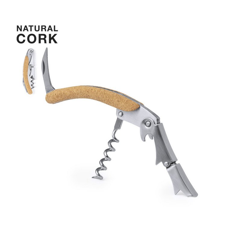 DUAL LEVER MECHANISM CORKSCREW MADE IN STAINLESS STEEL, WITH NATURAL CORK HANDLE AND INTEGRATED CAPSULE CUTTER. - Individual Box