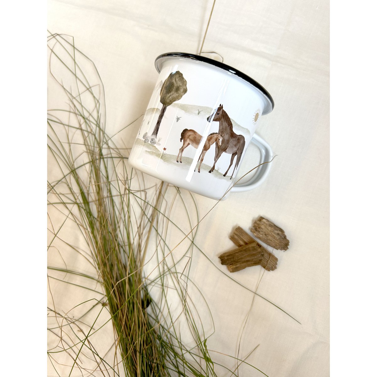 Emaille Tasse Pferde | Becher | Kinderbecher | Pferd | Pony | Reiten | Reiterin | Aquarell | Wasserfarbe || HERZ & PAPIER