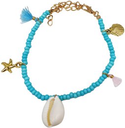 Blue beaded bracelet with turquoise stones, gold charms, shell pendant, star and tassel details.