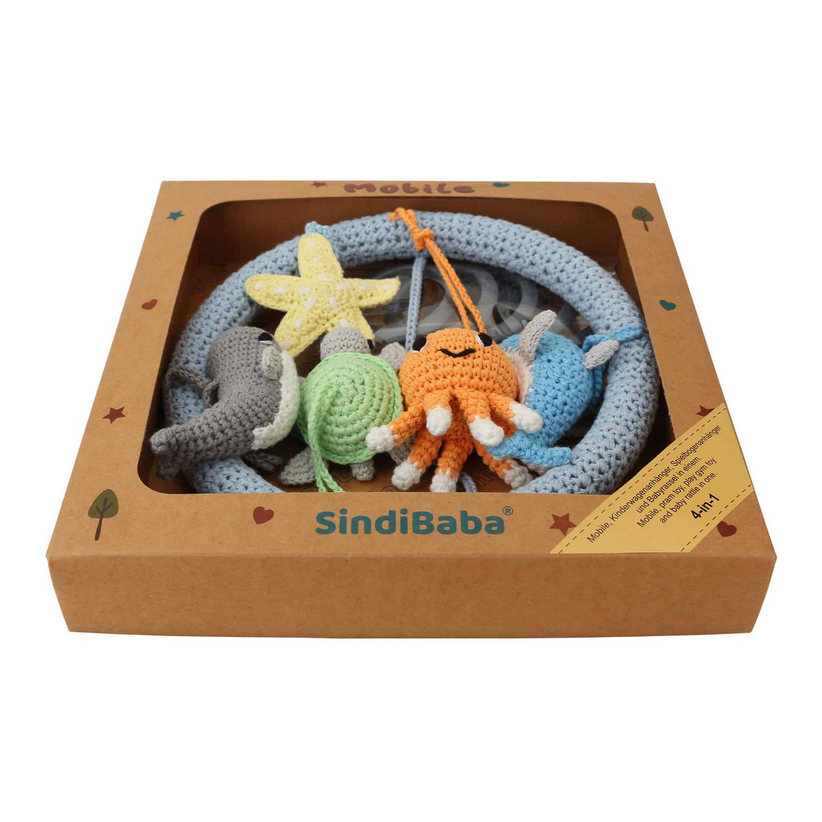 Multifunctional 4in1 baby mobile SEA ANIMALS (crocheted)