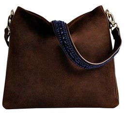 Cocoa brown suede shoulder bag with a 70cm sapphire blue strap.