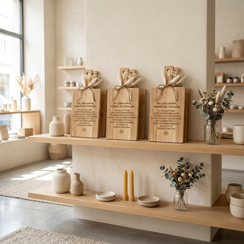 Oak wood board “Where love dwells, a home is created” – Housewarming gift & home purchase | 34 × 15 cm 