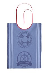  "Blue striped nautical bib with ship wheel and anchor embroidery, cotton fabric, classic maritime design"