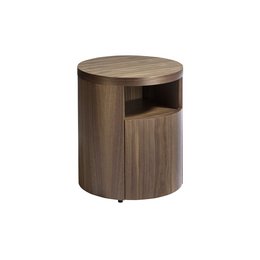 Round walnut wood nightstand with open storage compartment.