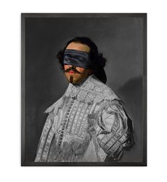 A black and white image of a person wearing a blindfold and a patterned shirt, sitting in a room with a patterned wallpaper background.
