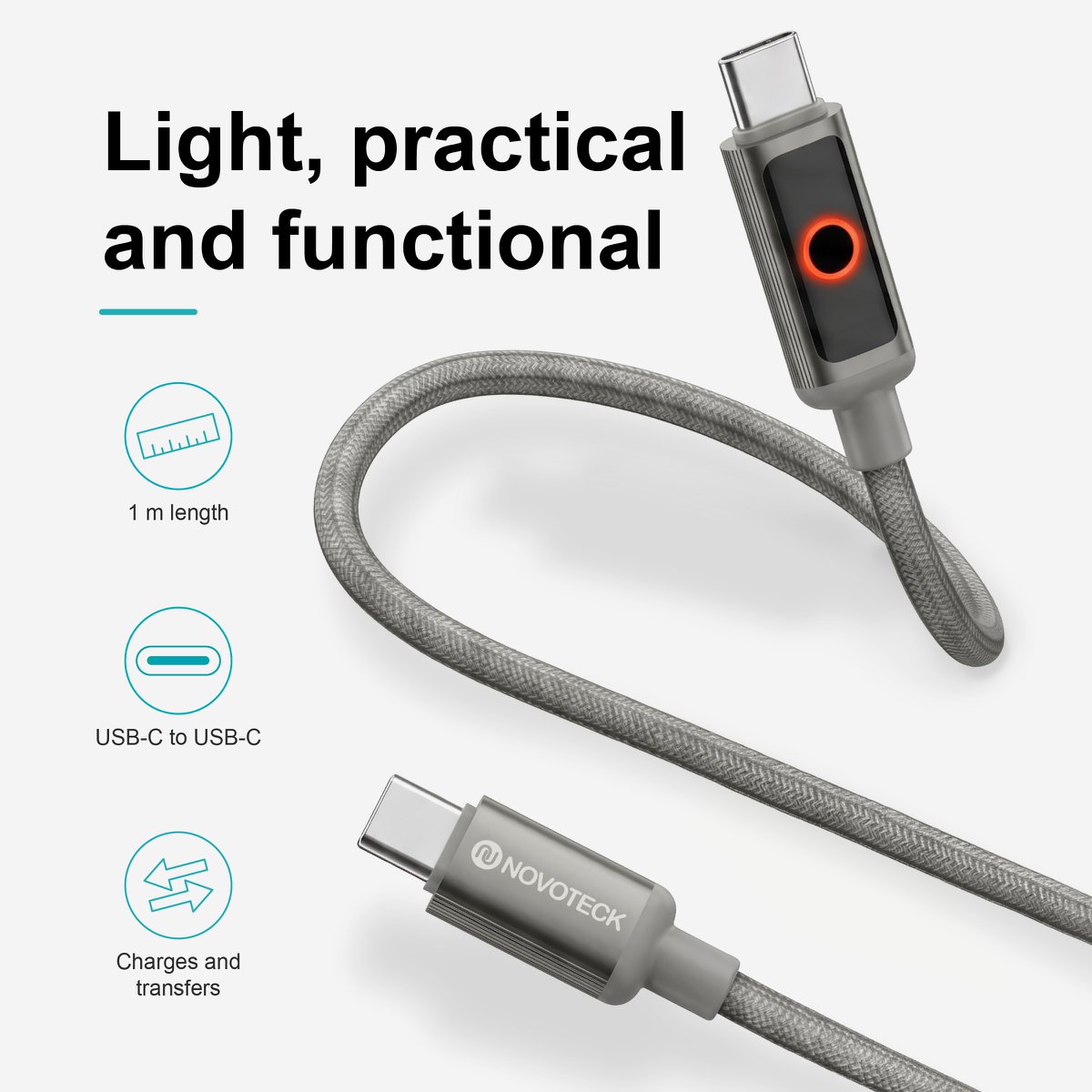 Cable NOVOTECK S-143 USB-C a USB-C: carga rápida de 60 W, 1 m, indicador LED y transferencia de datos