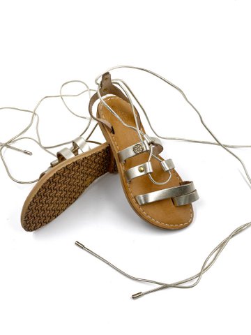 Platte leren sandalen voor dames, zomersandalen goud, leren sandalen met veters, dames Griekse zomersandalen goud, Sandalmania lederen schoenen