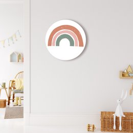Rustic rainbow-shaped wall decor in various sizes, suitable for a kids' room. Made of wood with a distressed, rusty finish. Includes colors like brown, green, and pink.
