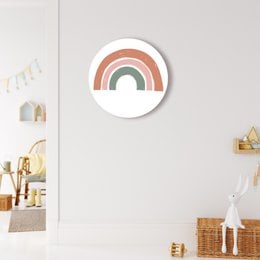 Rustic rainbow-shaped wall decor in various sizes, suitable for a kids' room. Made of wood with a distressed, rusty finish. Includes colors like brown, green, and pink.
