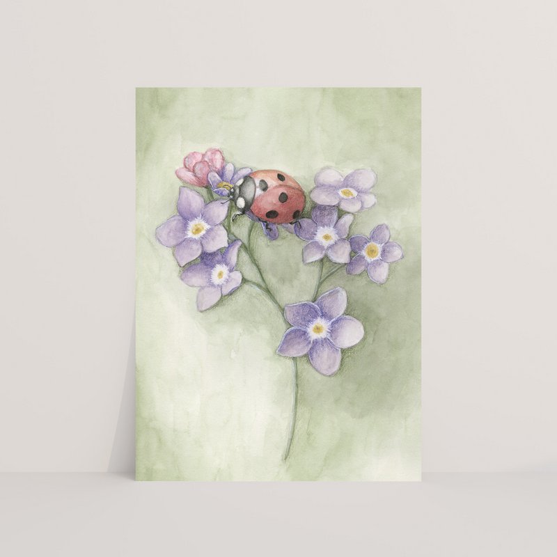 Postal mariquita con flores.