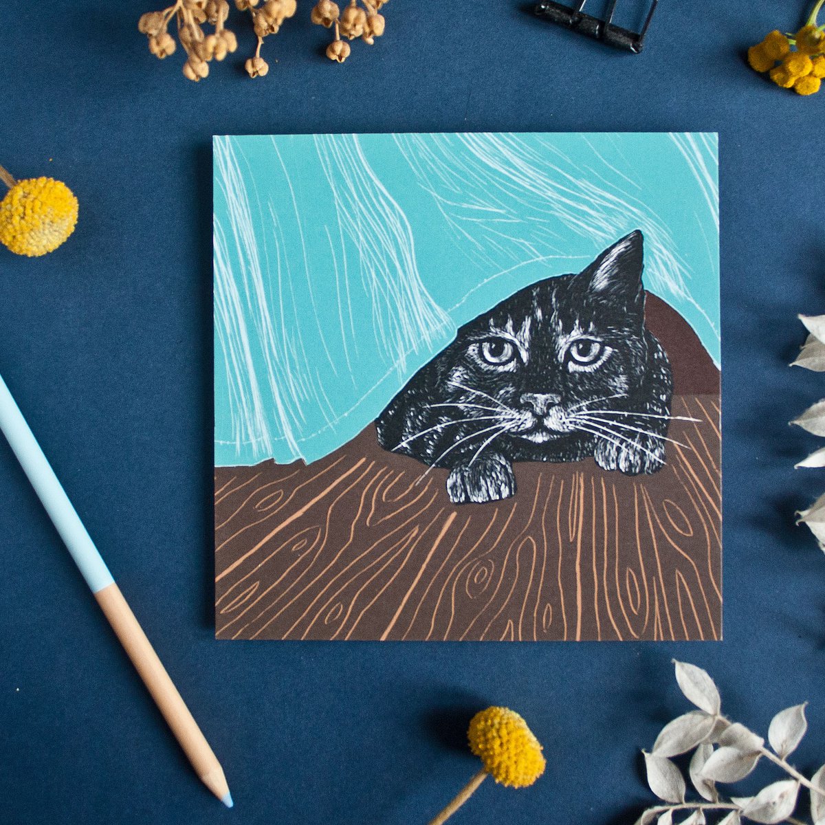 Quadratische Postkarte Katze & Vorhang