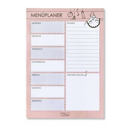 A weekly meal planner with 70 pages for organizing meals and grocery lists. The planner has a pink and white design with illustrations of food items.