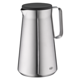 A stainless steel carafe with a black lid, designed for pouring and serving beverages.