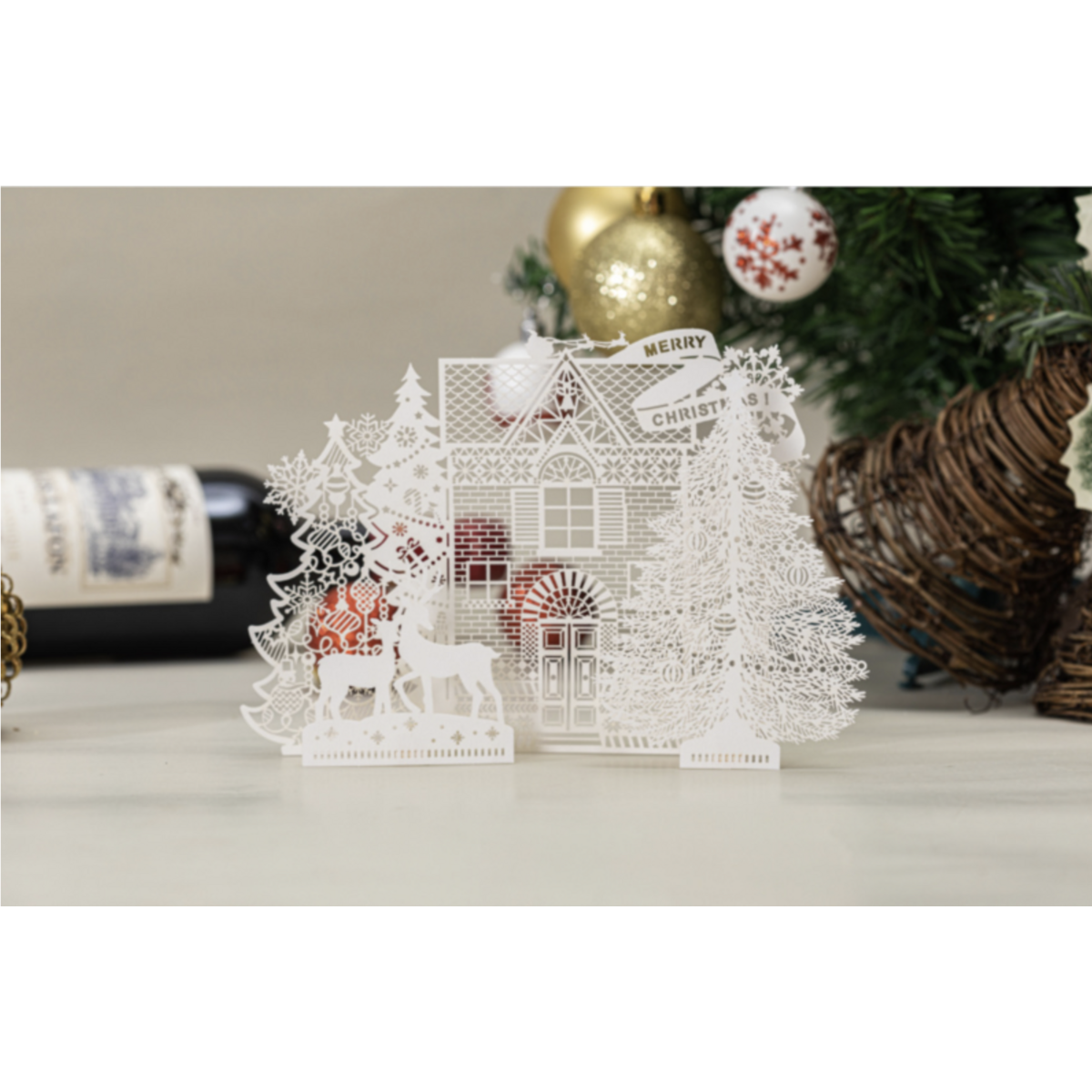 Carte de Noël Pop up 3D Rêver d'un Noël blanc avec panneau de message