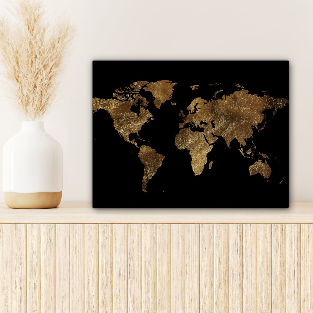 Canvas schilderij  - Wanddecoratie - Wereldkaart - Goud - Luxe - Aarde - Zwart