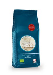 Organic ground coffee in a 250g bag, with a sailing ship logo and the name "Sail espresso" printed on the packaging.