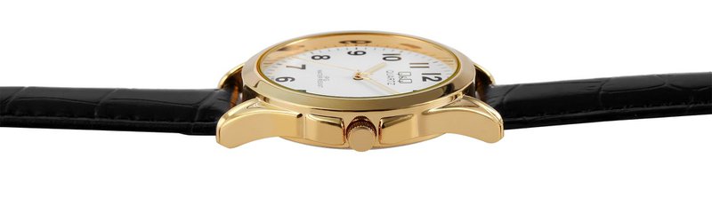 Q&Q men's watch with imitation leather strap, black/gold, 3 bar
