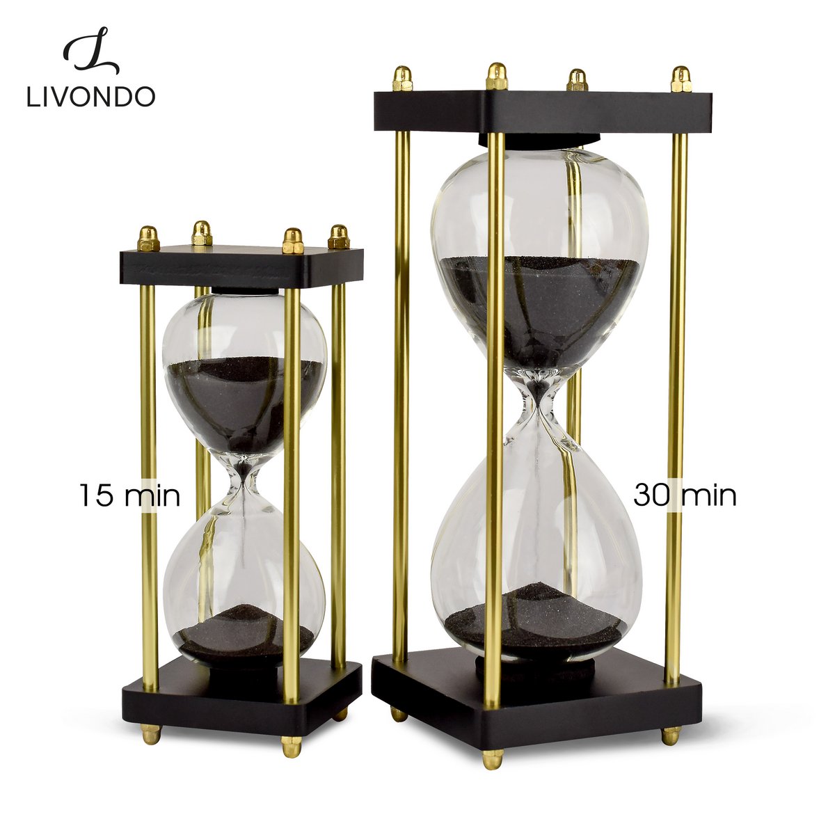 Edle Sanduhr Chronometrie I Dekorative Sanduhr fra Glas mit feinem schwarz-schimmernden Sand veredelt mit goldenen Seitstützen