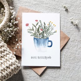 Folding card "Get well soon, blue cup" | recovery