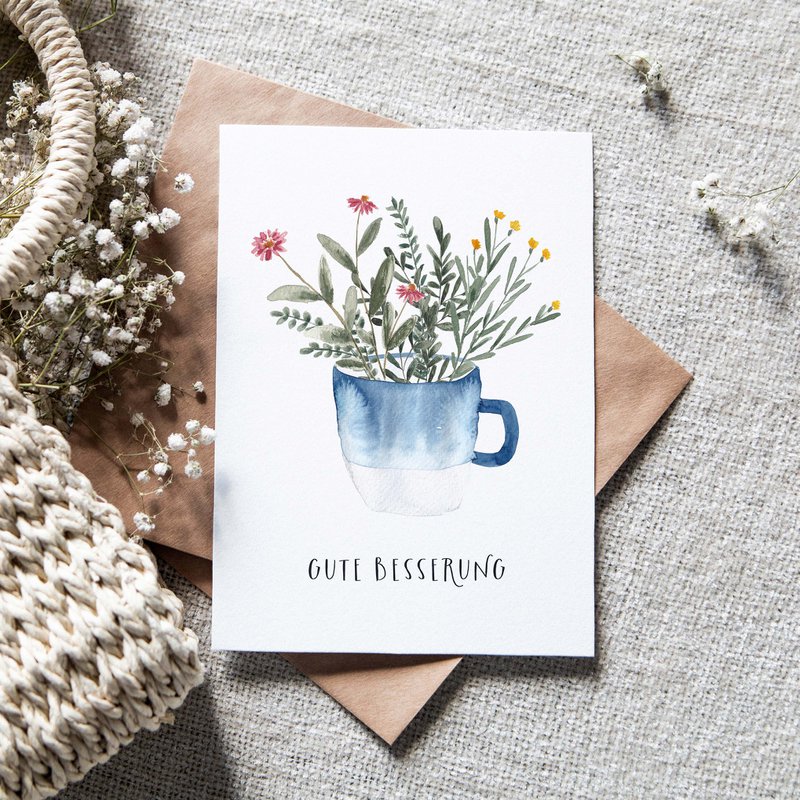 Folding card "Get well soon, blue cup" | recovery