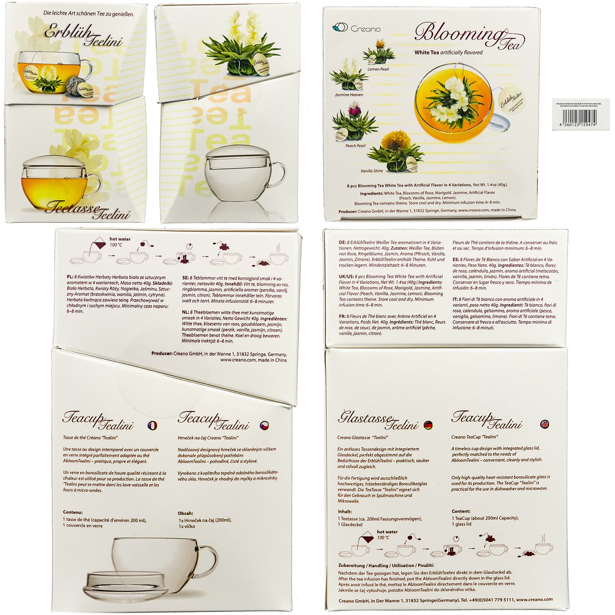 Creano ErblühTeelini cadeauset theeglas 8 theebloemen witte thee
