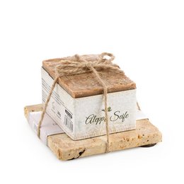 Rectangular white soap dish with natural stone base and twine tie. Crafted from natural materials, suitable for bathroom or kitchen.