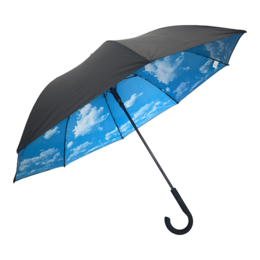  Large windproof umbrella, black exterior, blue sky cloud design interior, curved handle, UPF50+ protection