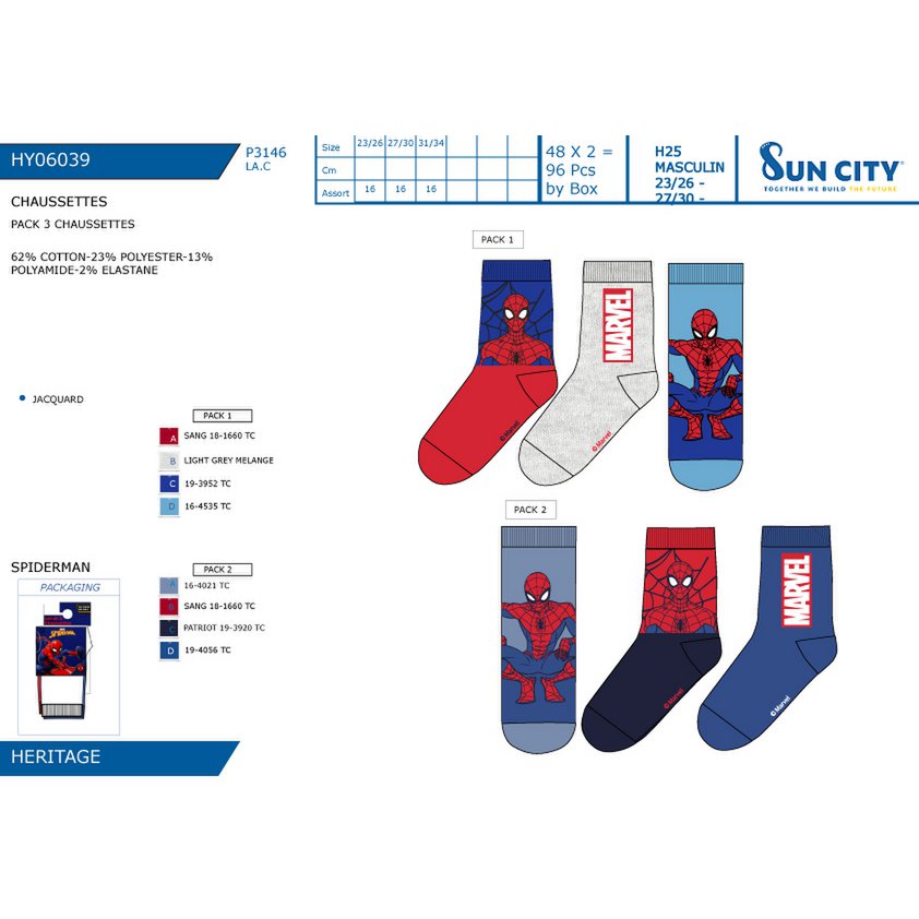 Kavel van 96 eenheden | Pak 3 Spiderman-sokken voor kinderen | Officieel gelicentieerde producten | SUN CITY-groep
