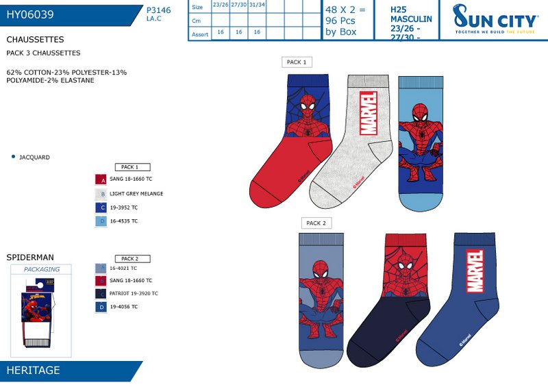 Lot von 96 Einheiten | Pack 3 Spiderman-Socken für Kinder | Offiziell lizenzierte Produkte | SUN CITY-Gruppe