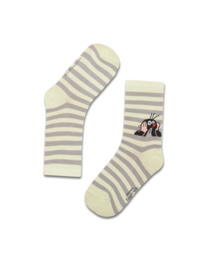 Green and gray striped socks with a mole graphic design, suitable for children.