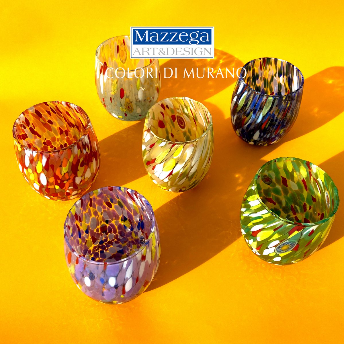 6 Big Colombina vand Big Colombine Bold og håndhåndet med Murrine di Murano, "I Colori di Murano" 435 Ml Line. Lavet i Italien