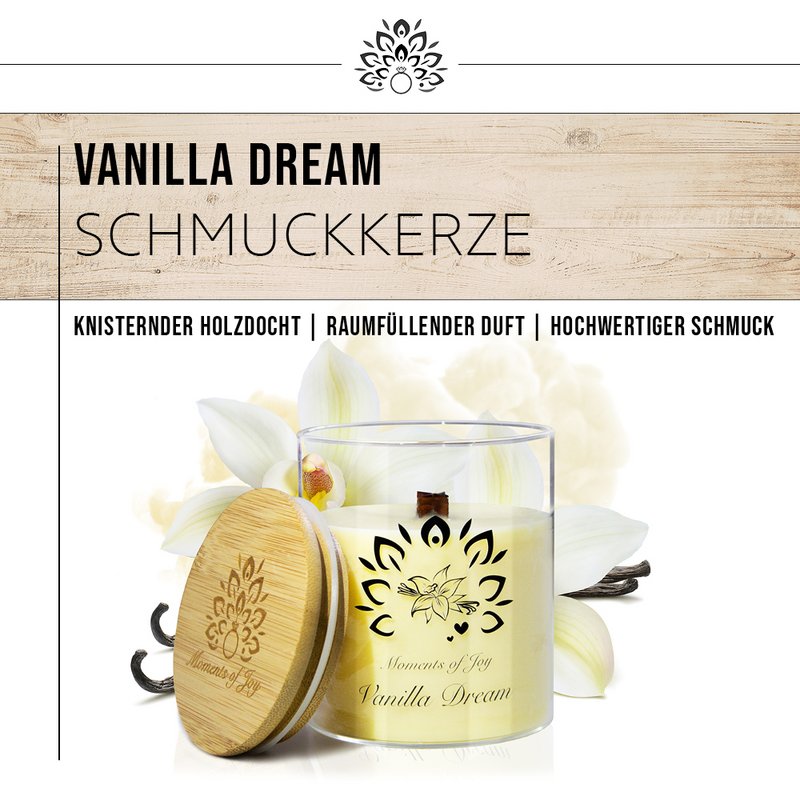 Decorative candle with sweet vanilla scent & crackling wooden wick: Vanilla Dream